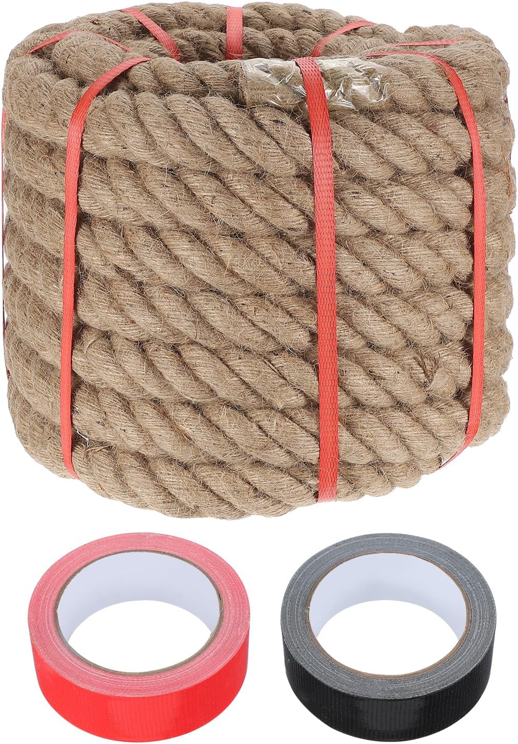 MECCANIXITY Jute Rope 1.1 Inch x 85ft, Thick Twine Rope Ropes Braided Jute Twine Natural Brown Burlap Cord String Heavy Twisted with Tapes for Decorative Crafts Railing Swing Tug of War