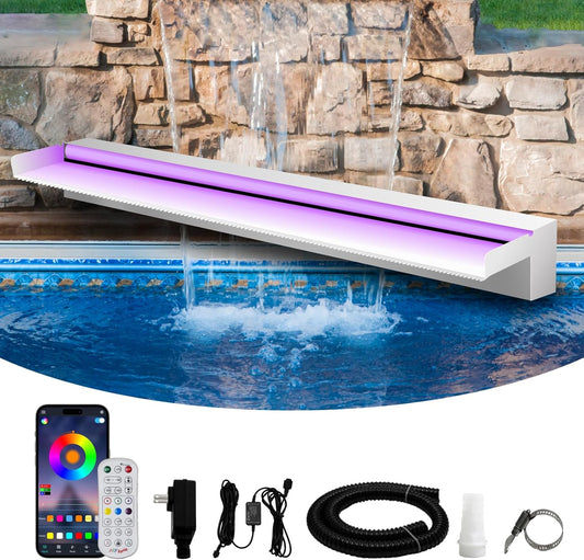 Waterfall Spillway Stainless Steel Pond Waterfalls with Color Changing LED Light, Outdoor Pool Fountain Water Feature Kit for Garden Patio Swimming Pool Koi Ponds Decor-36"x8"x4"