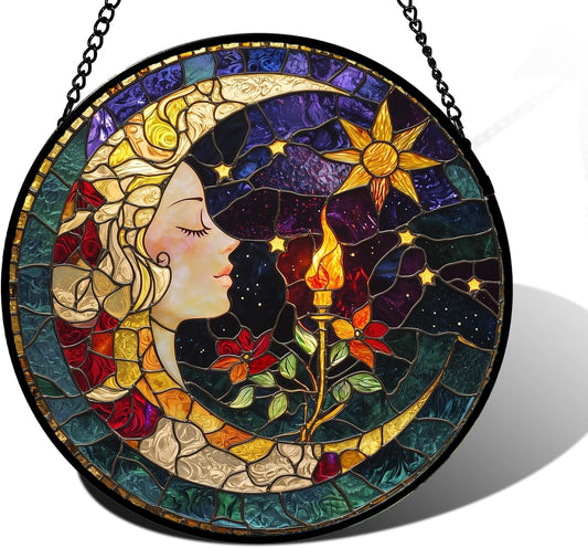 Stained Glass Window Hanging, Moon Goddess Torch Suncatcher Diamond Glass Panel Hangings Dream Sun Catchers Decor for Birthday for Women, Men, Wife, Aunt, and Mom 6.3 in