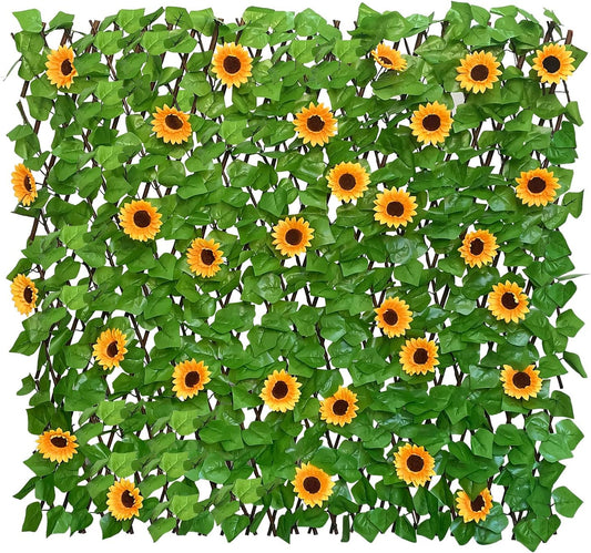Expandable Fence Privacy Screen for Balcony Patio Outdoor,Decorative Faux Ivy Fencing Panel,Artificial Hedges (Single Sided Leaves) (4, Sunflowers)