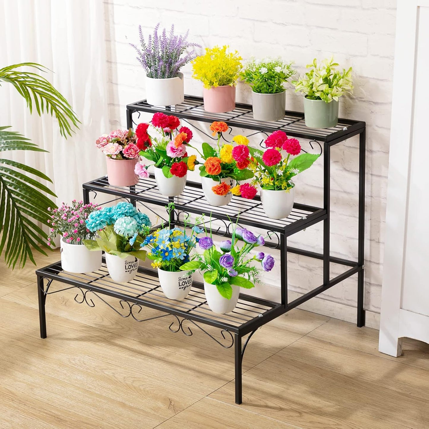 DOEWORKS 3 Tier Stair Style Metal Plant Stand, Garden Shelf for Large Flower Pot Display Rack Indoor Outdoor, Black