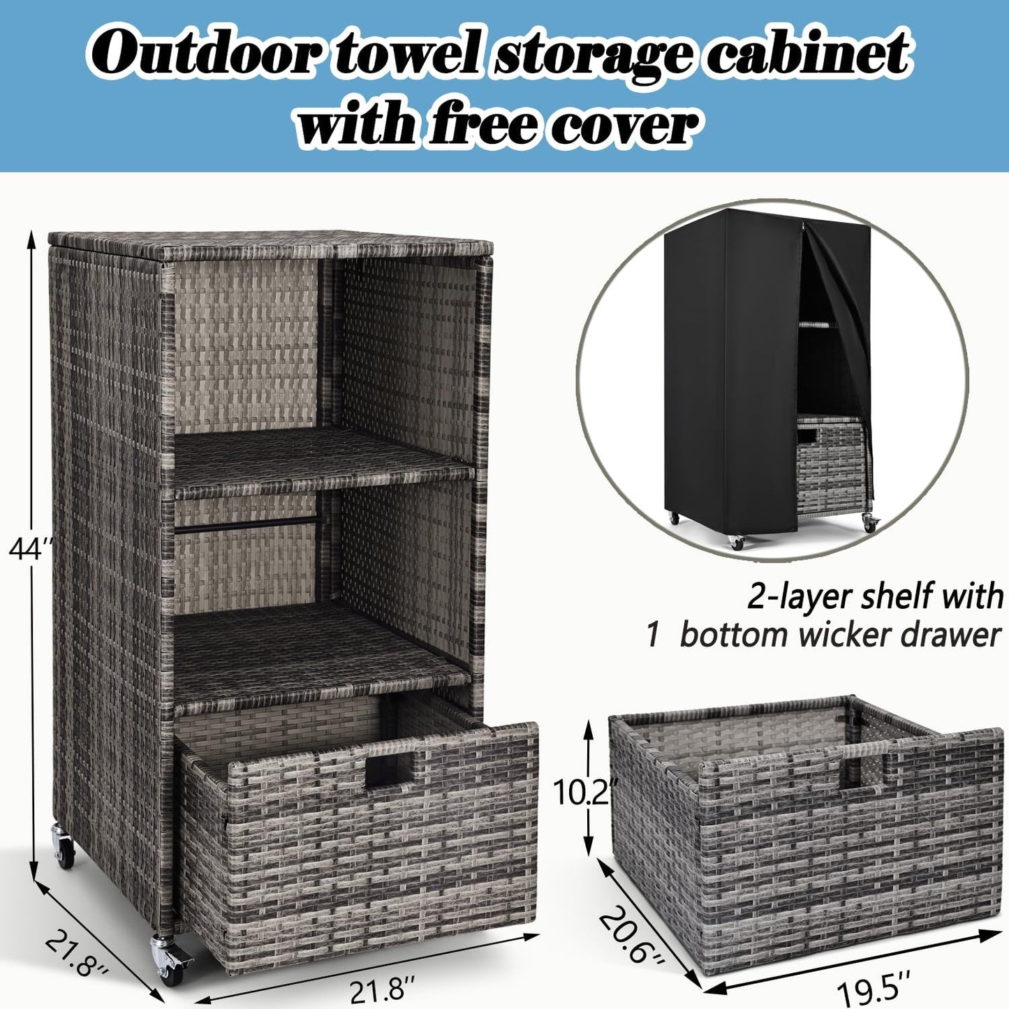 Outdoor Towel Rack for Pool Outdoor Pool Towel Storage Cabinet with Shelf & Drawer Pool Towel Holder with Rolling Wheels Hot Tub Towel Rack w/Waterproof Cover Poolside Towel Valet Caddy for Spa Grey