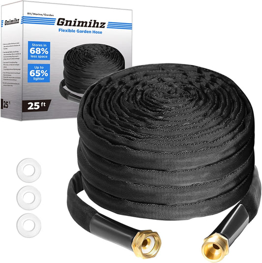 Garden Hose 25ft, Made of TPE(Not PVC), Ultra-Light & Flexible Water Hose with Solid Brass Fittings, Non-Shrinking, Easy to Storage, Drinking Water Safe Material, All-weather, Black, Newbox