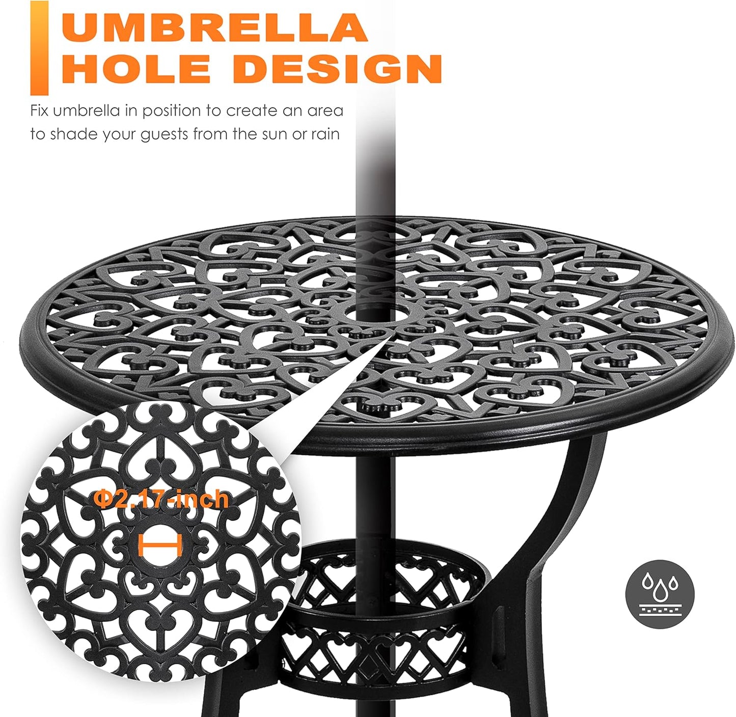 NUU GARDEN Bistro Set 3 Piece Outdoor, Cast Aluminum Patio Bistro Sets with Umbrella Hole and Grey Cushions, Bistro Table and Chairs Set of 3 for Patio Backyard, Black