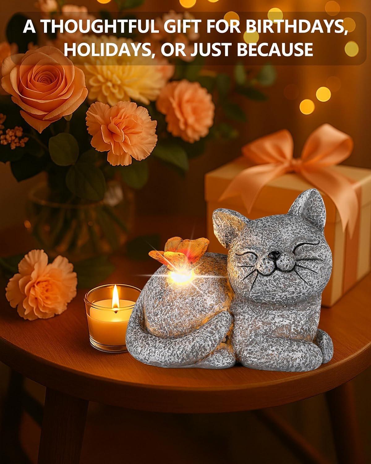 Solar Cat Garden Statue with Butterfly Light – 5-Inch Outdoor Resin Figurine for Yard, Patio, Balcony – Gifts for Women, Garden Decor Accent (Cat)