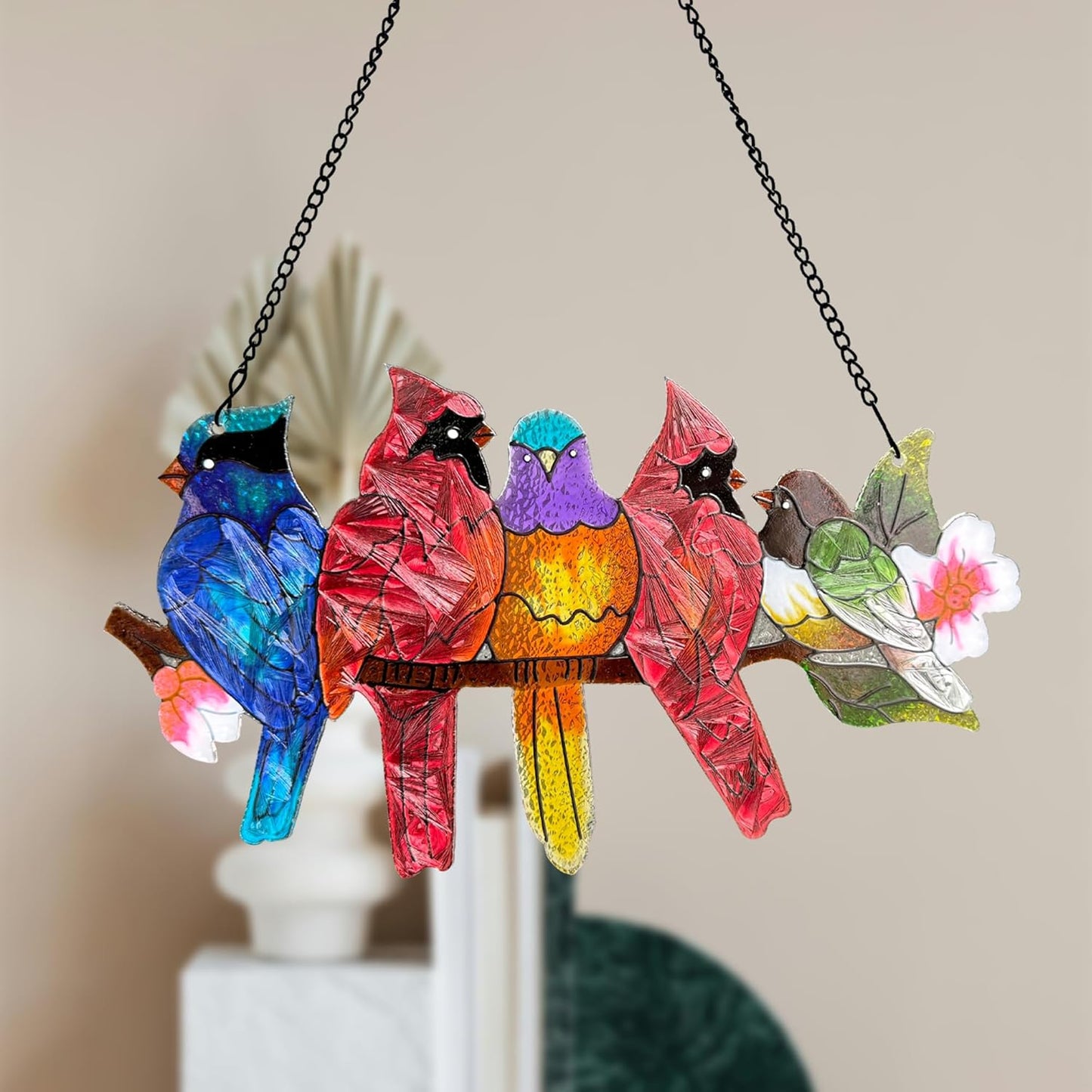 Stained Glass Window Hanging - Large Stained Glass Birds on Branch, Birds Sun Catchers Indoor Window with Chain and Hook Gifts for Bird Lover, Mom, Grandma, Stocking Stuffers for Women