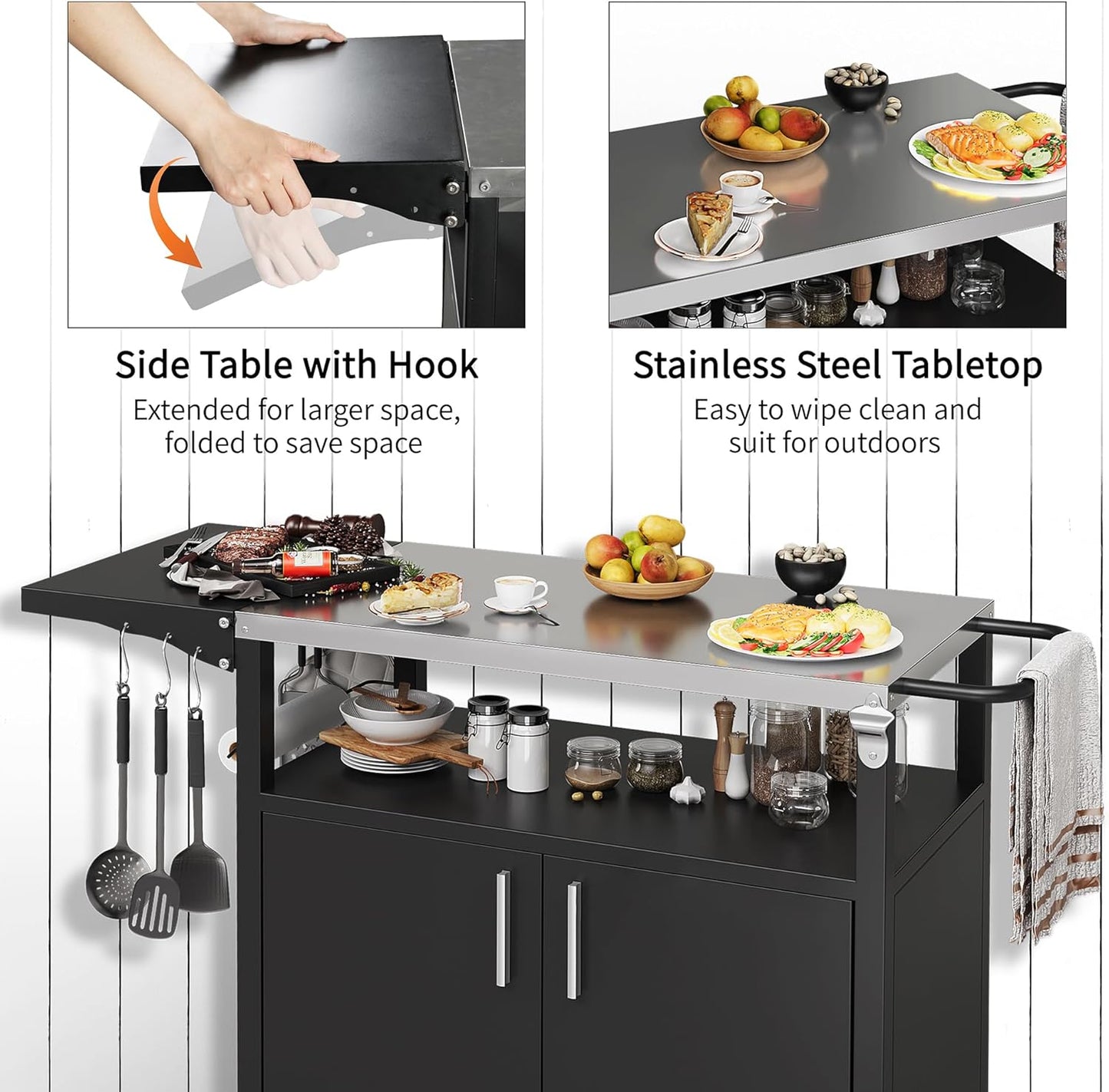 Shintenchi Outdoor Grill Cart Table with Stainless Steel Top for Kitchen Prep and BBQ, Outdoor Kitchen Island Table with Side Handle, Multifunctional Outdoor Grill Table, Black
