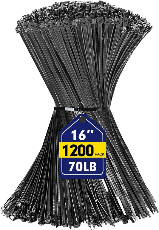 Zip Ties, RAZCC 1200pcs Black Cable Zip Ties 16 Inch, Heavy Duty Plastic Wire Ties with 70lb Tensile Strength, Self-Locking Black Nylon Tie Wraps for Indoor and Outdoor