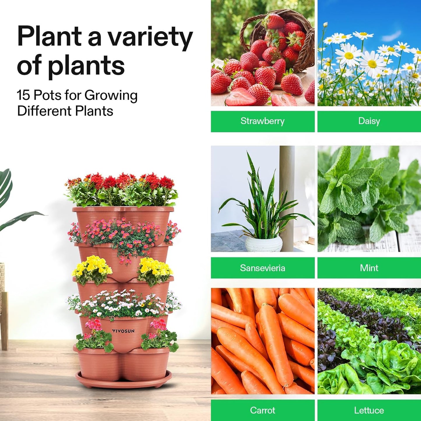 VIVOSUN 2-Pack 5 Tier Vertical Gardening Stackable Planter for Strawberries, Flowers, Herbs, Vegetables, Brown