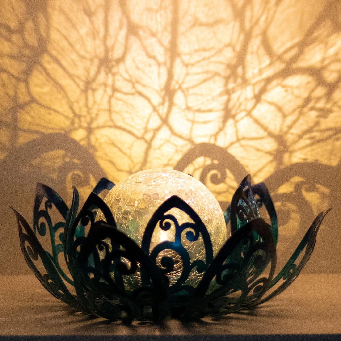 Bshine Solar Outdoor Garden Lotus Decorative Light, Waterproof Metal Cracked Glass Globe LED Lotus Light for Tabletop Decor, Walkway, Lawn Ornaments and Garden, Housewarming Gift (Blue)