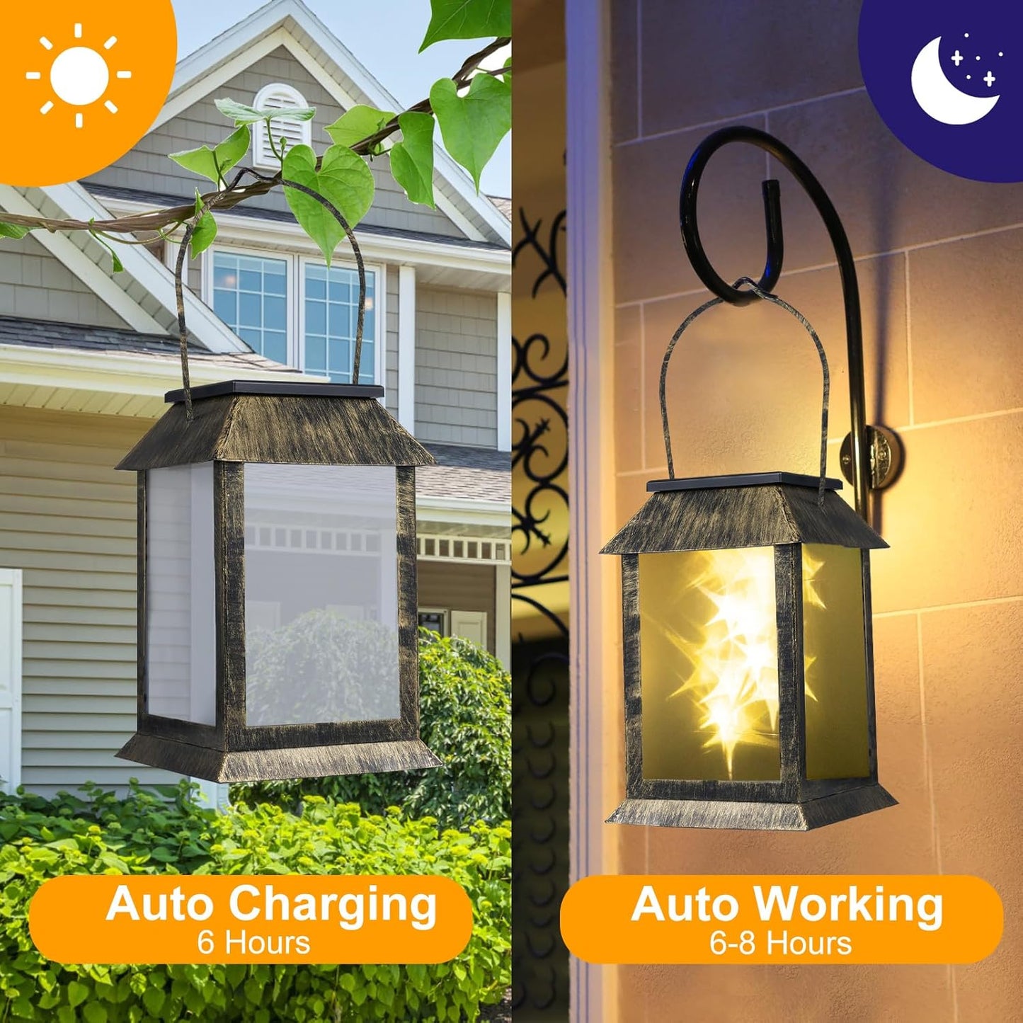 2 Packs Solar-Powered Outdoor Lanterns Vintage Garden Decorative Light Auto Dusk to Dawn Hanging Lantern Warm Glow Courtyard Landscape Lights IP54 Waterproof