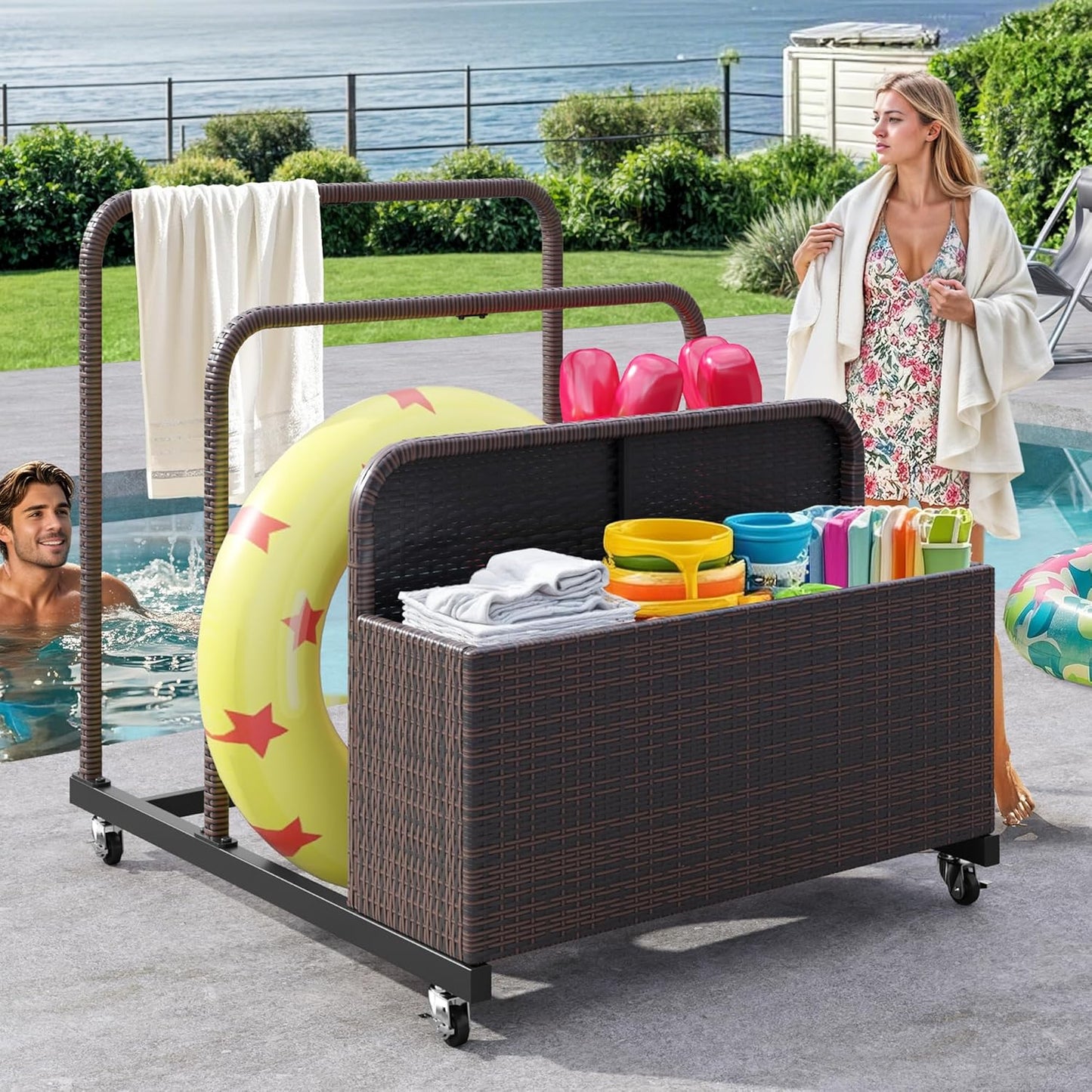 DWVO Pool Float Storage, Pool Storage Bin with PE Rattan,Pool Storage for cushions, Floaties, Noodles, Life Vests, Beach Balls, Patio Furniture (Brown)