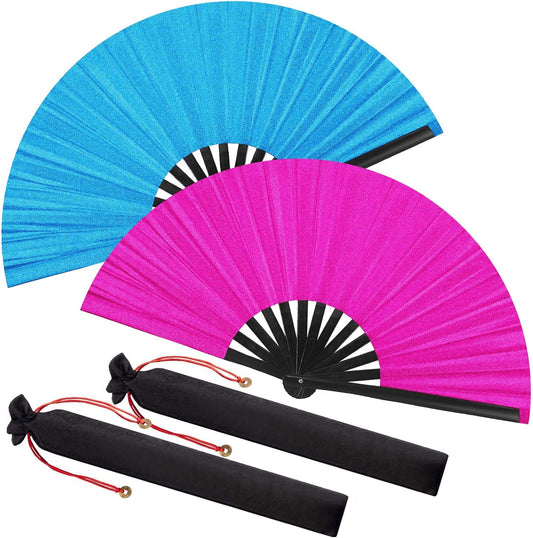 Maitys 2 Packs Large Clap Fans for Line Dancing Large Chinese Folding Hand Fans for Men and Women, Festival, Tai Ji, Kungfu, Martial Art, Gifts (Glitter Rose Red and Blue)