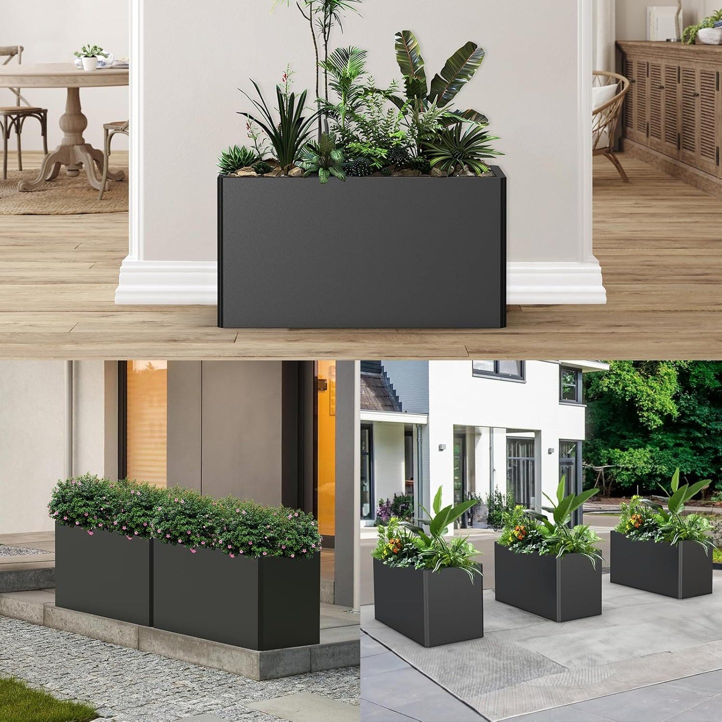 Metal Planter Box - Heavy Duty Rectangular Trough, All-Weather Rust-Resistant Design with 6 Drainage Holes | Large 36x15x15 Inch for Patio, Porch & Garden | Black