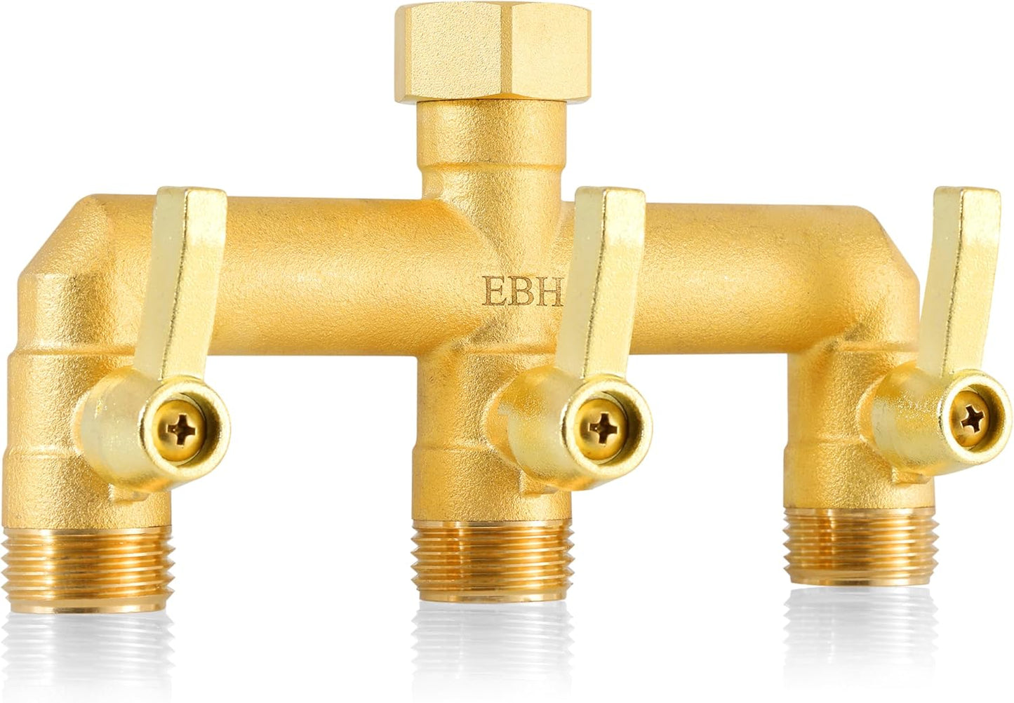 EBH Brass Garden Hose Splitter, 3 Way High Flow Outdoor Faucet Splitter,Full Flow 3-Way Brass Heavy Duty Hose Splitter With 3 Long Metal Handle and Individual On/Off Valve。