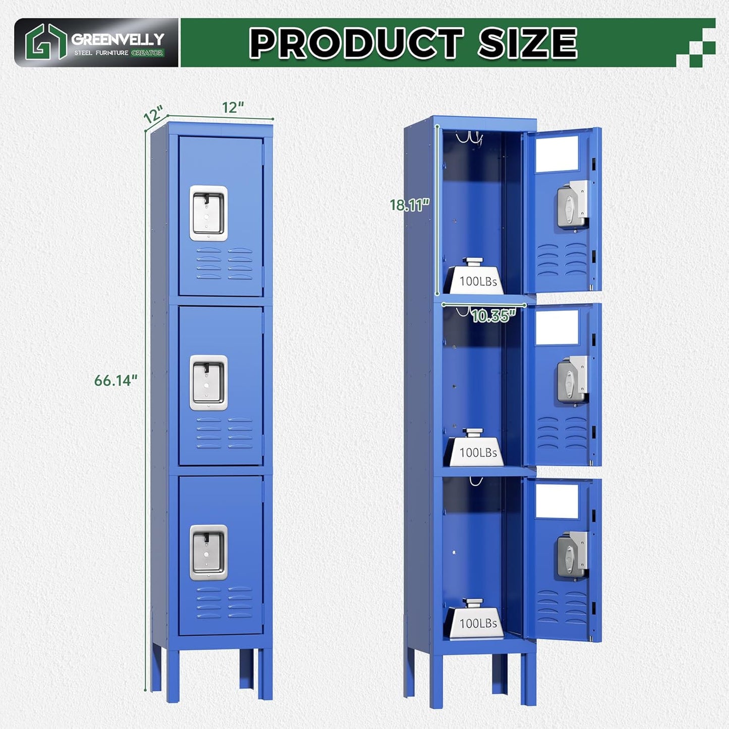 Greenvelly Storage Locker for Employee,Office,Metal Gym Locker with 3 Door,Steel Blue Locker Cabinet Organization for School, Free Standing