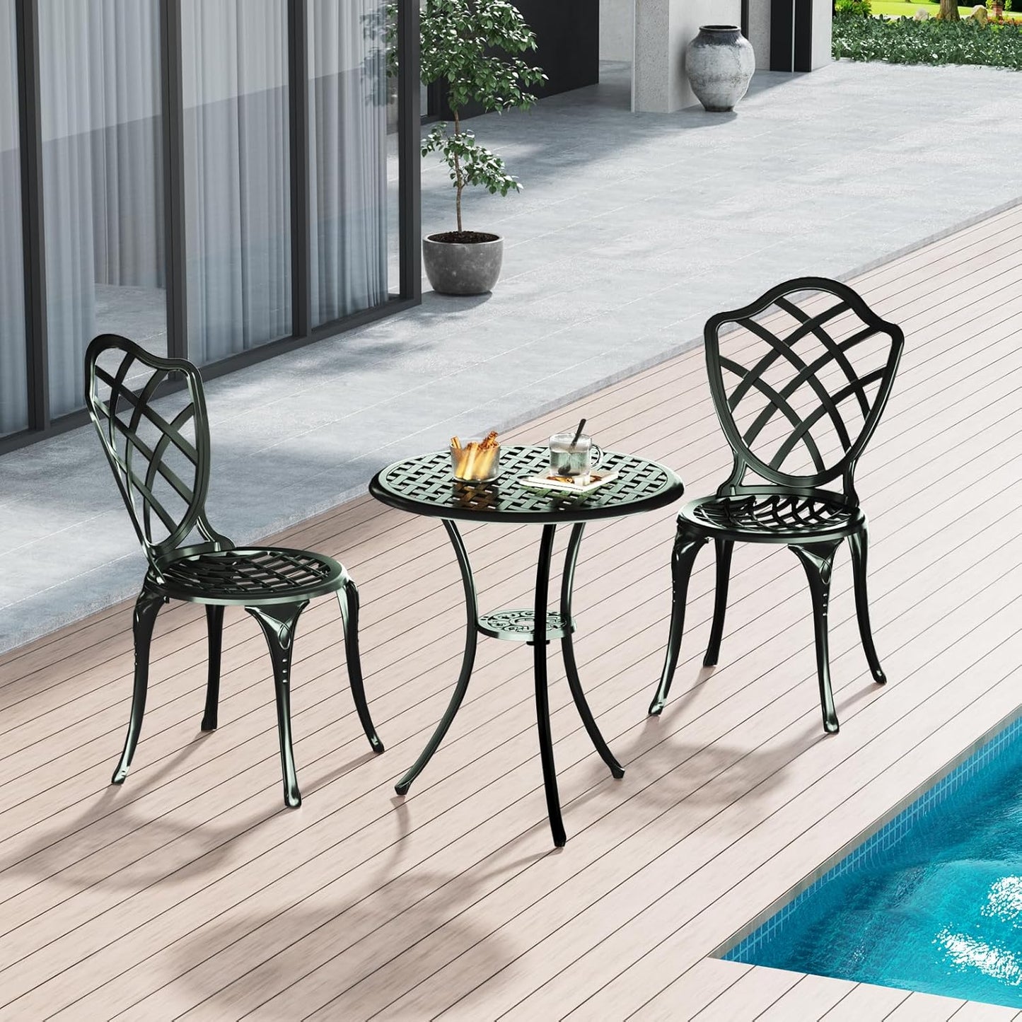 3 Piece Patio Bistro Set, Outdoor Bistro Table and Chairs Set of 2 w/Umbrella Hole, Rust-Resistant Cast Aluminum Bistro Set for Garden/Balcony/Backyard, Green