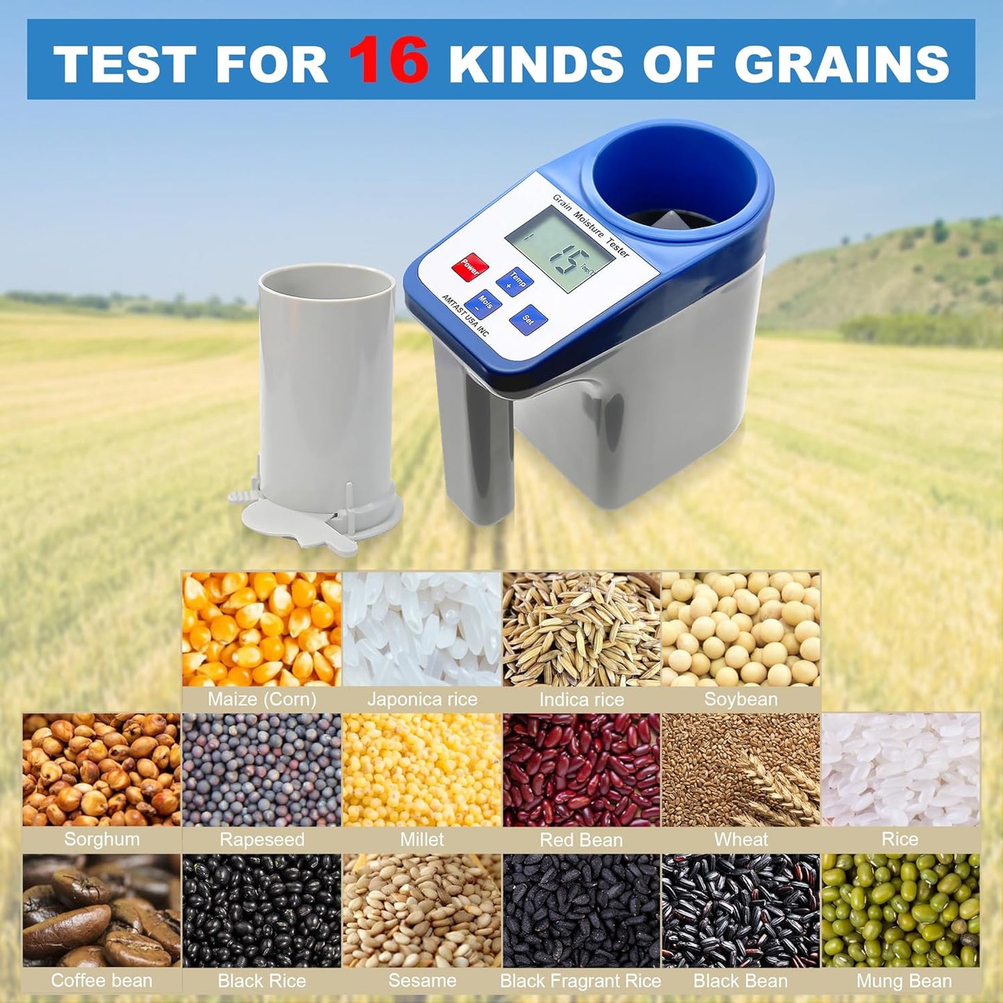 Grain Moisture Meter High Precision Grain Moisture Tester with Temperature Compensation and Data Storage Seed Moisture Meter for 16 Grains including Wheat, Corn, Coffee and More