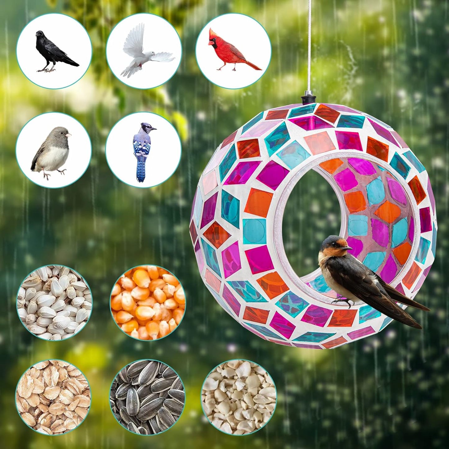 Yinns Glass Bird Feeders Outside, Hanging Mosaic Bird Feeder, Round Shape Fly Through Container Wild Birdfeeder for Garden, Backyard Decor