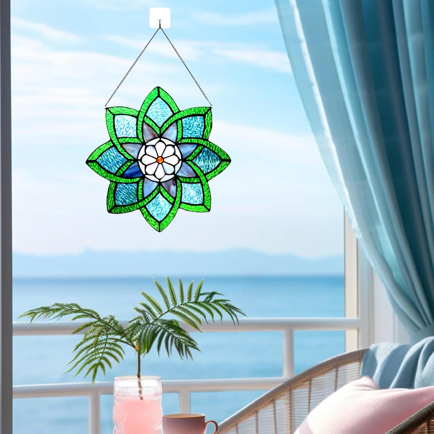 12 Inch Round Stained Glass Window Panel,Handmade Sun Catcher Decorations Stained Glass Window Hangings for The Windows Or Wall (Green)