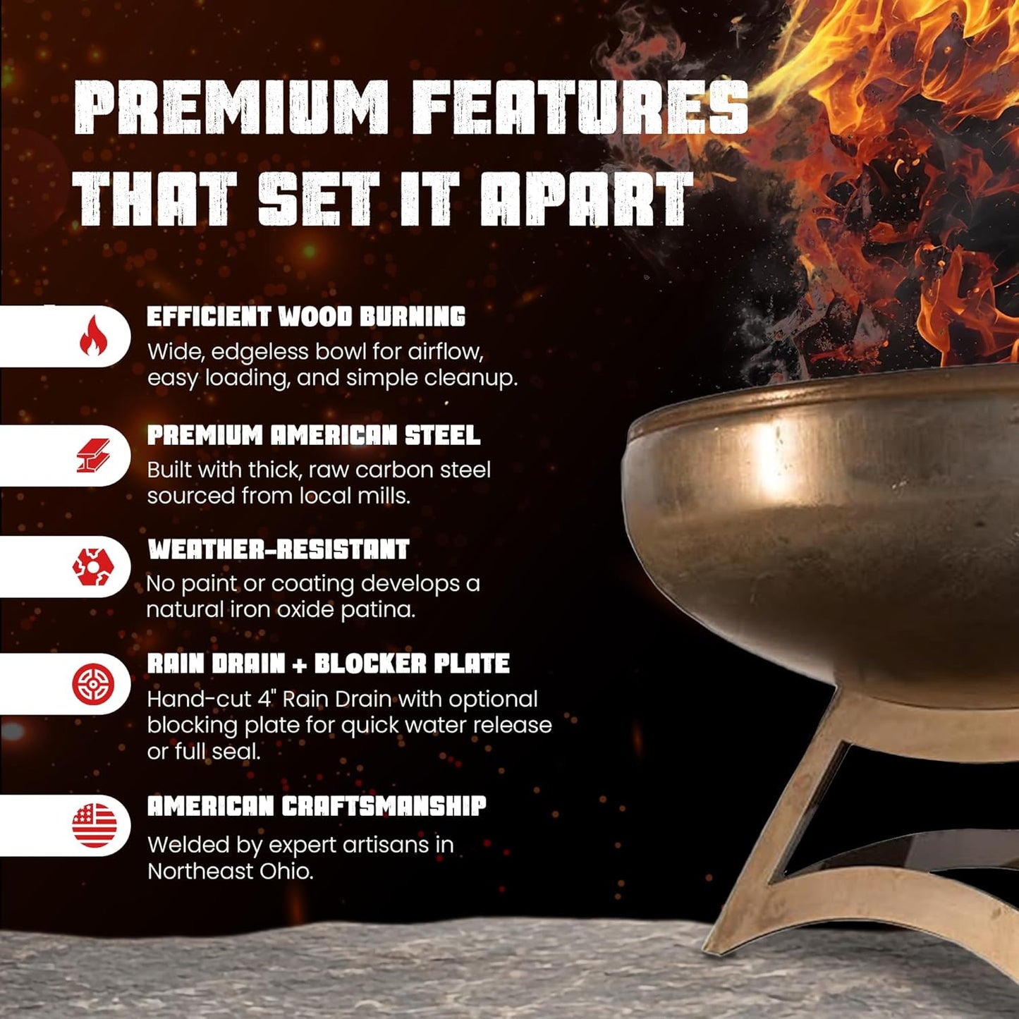 Liberty Fire Pit – Ohio Flame Wood Burning Outdoor Fire Pit - 48" Diameter with Hollow Base (Made in USA)