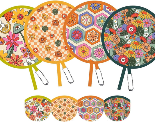 4 Pack Retro Hippie Hand Fan Foldable Multi-Role Round Fans for Travel, Events, Graduation, Indoor & Outdoor (Joyful)