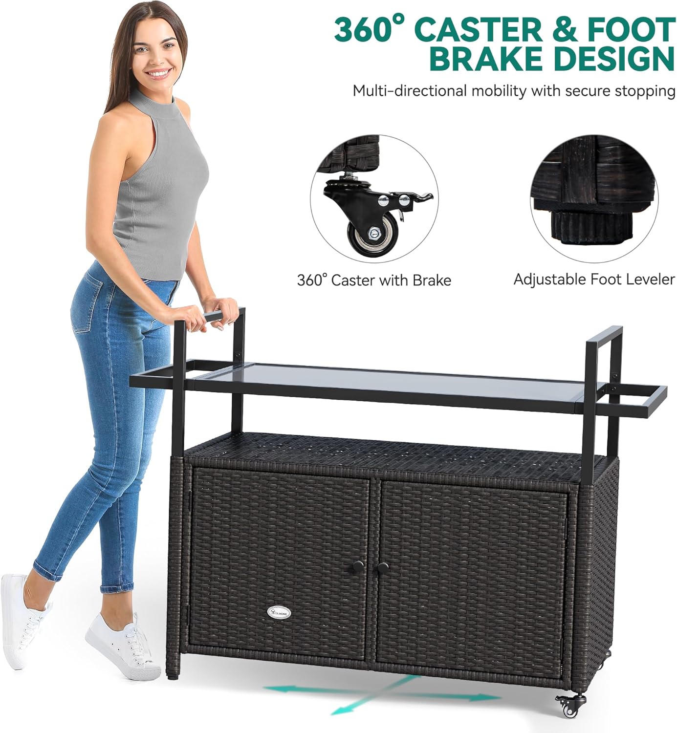 YITAHOME Large Outdoor Kitchen Wicker Island Rolling Cart, Patio Bar Table with Thickened Frame, Patio Storage Cabinet w/Wheels and Black Glass Table Top Backyard and Poolside Dark Brown