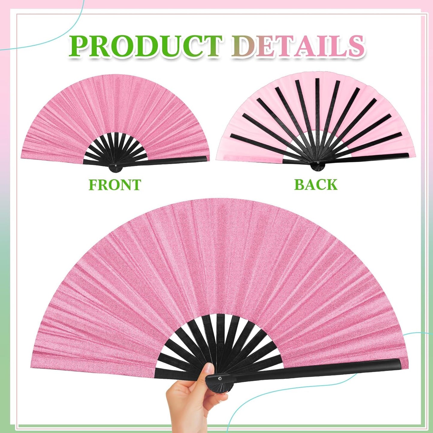 Maitys 2 Packs Large Clap Fans for Line Dancing Large Chinese Folding Hand Fans for Men and Women, Festival, Tai Ji, Kungfu, Martial Art, Gifts (Glitter Green and Pink)