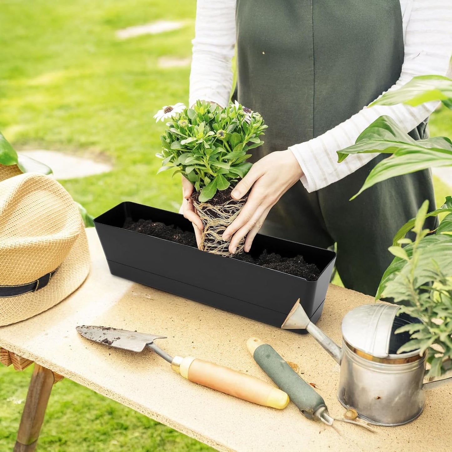 GREANER 3PCS 16x3.8 Inch Window Boxes Planters, Black Rectangle Planters Box with Drainage Holes and Trays, Herb Succulents Flowers Plastic Pot for Windowsill, Garden, Balcony, Indoor, Outdoor Decor