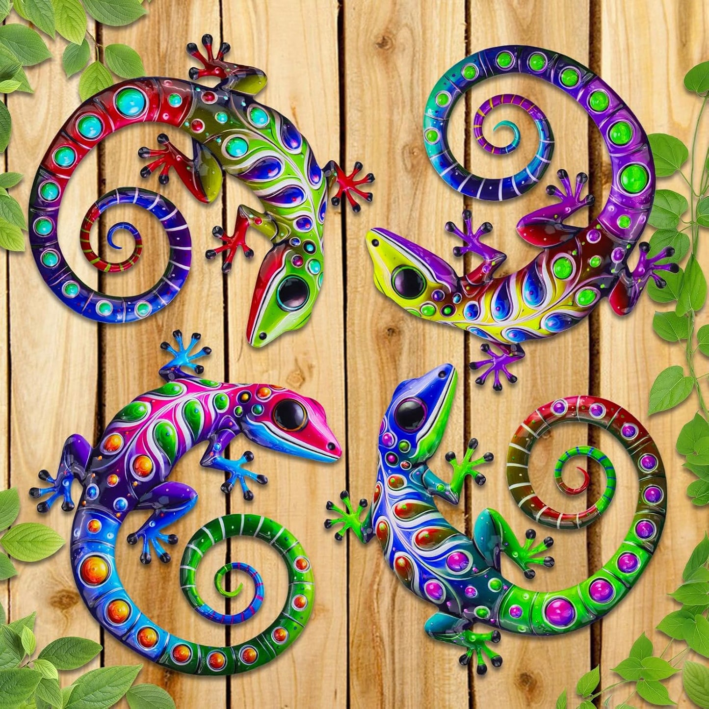ULENDIS 4 Pack Metal Gecko Wall Decor, 7.8 Inch Lizard Outdoor Wall Art Fence Decorations for Patio and Yard, Colorful Hanging Decoration for Garden Living Room Bedroom Patio Balcony