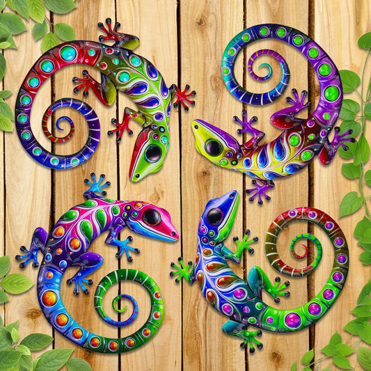 ULENDIS 4 Pack Metal Gecko Wall Decor, 7.8 Inch Lizard Outdoor Wall Art Fence Decorations for Patio and Yard, Colorful Hanging Decoration for Garden Living Room Bedroom Patio Balcony