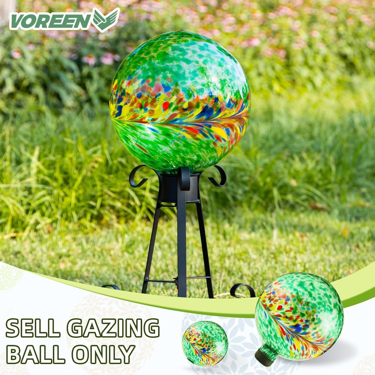 VOREEN 10-Inch Glass Gazing Ball, Outdoor Gazing Globe, Handmade Reflective Ball Yard Decoration for Homes, Patio, Lawn and Gardens, Gift for Mom Wife Friend, Phoenix Tail Design, Green