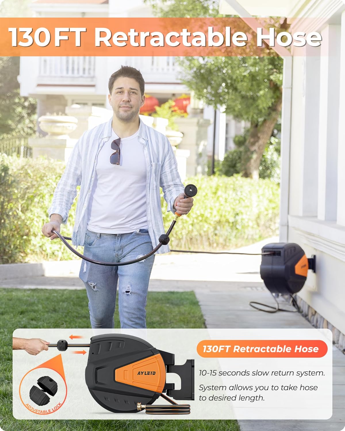 Ayleid Retractable Garden Hose Reel,1/2 in x 130 ft Wall Mounted Hose Reel, with 9- Function Sprayer Nozzle, Any Length Lock/Slow Return System/Wall Mounted/180°Swivel Bracket (Black)