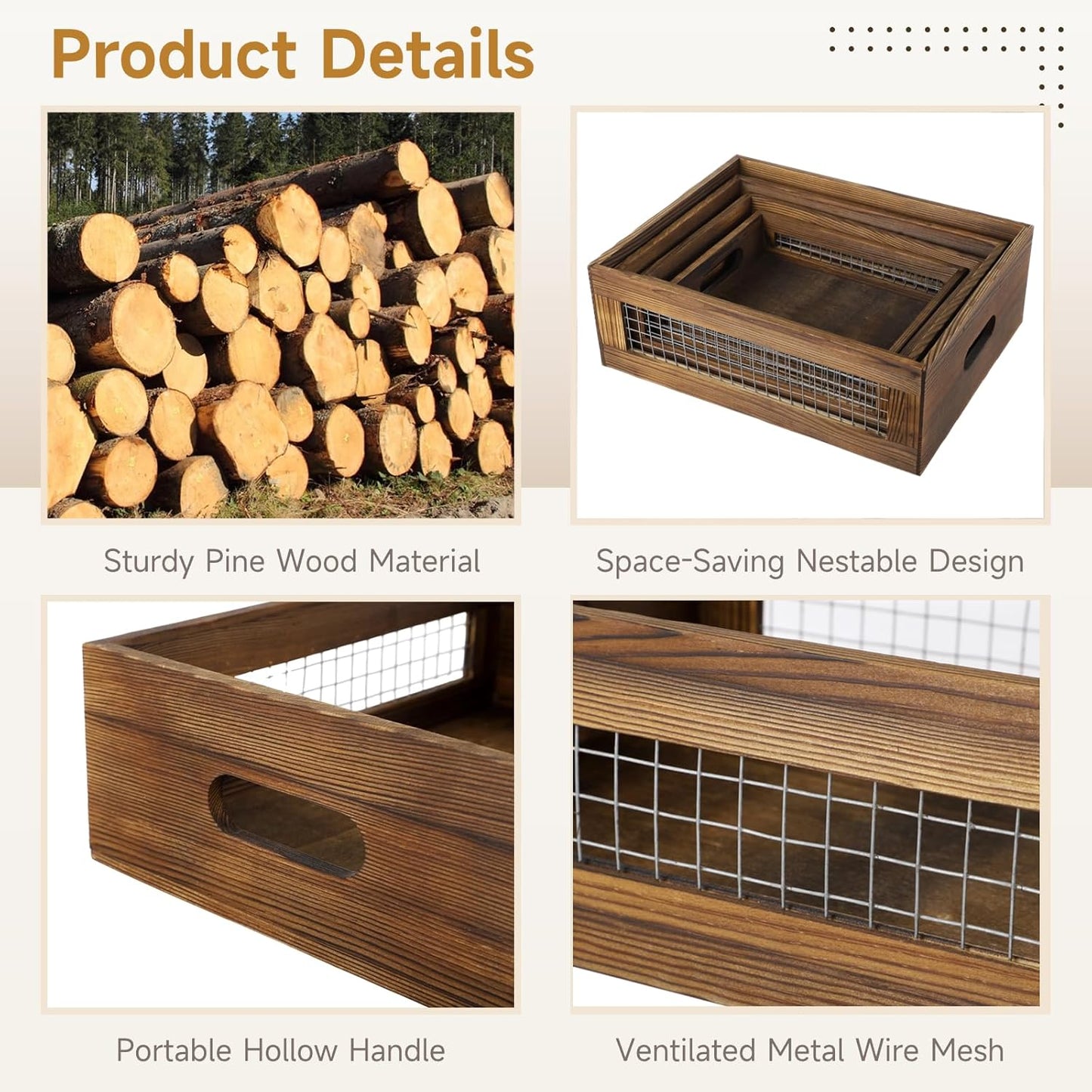 4 Pcs Wooden Nesting Countertop Baskets, 4-Size Rustic Storage Boxes, Wood Wire Containers with Handles, Multipurpose Decorative Organizer Crates for Fruits, Veggies, Kitchen, Pantry