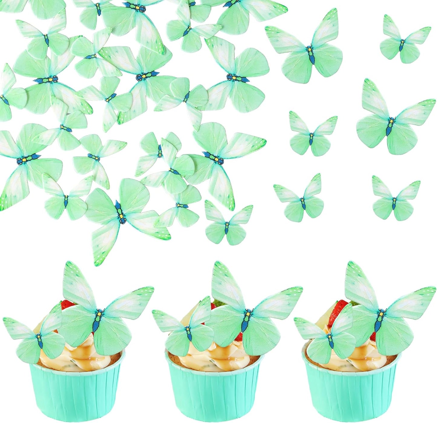 Ephlyn 72Pcs Wafer Paper Butterflies Cupcake Toppers, Edible Butterfly Cake Decorations, Butterfly Theme Birthday Party Decorations for Wedding Birthday Anniversary Party Decorations Green
