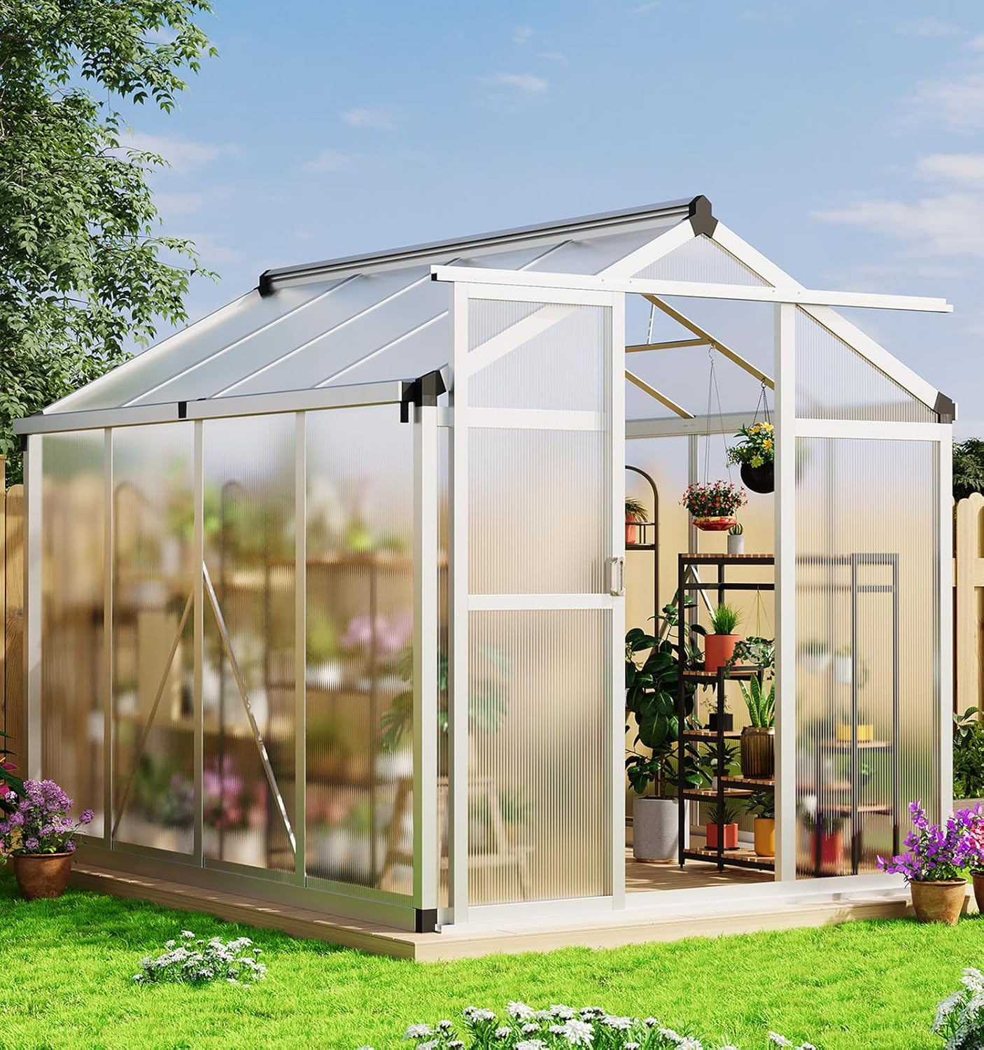 Garvee 6x8 ft Greenhouse - Aluminum Greenhouses for Outdoors, Large Polycarbonate Greenhouse with Roof Vent, Heavy Duty Walk-in Green Houses for Outside Garden, Backyard, Patio, Lawn, Easy Assembly