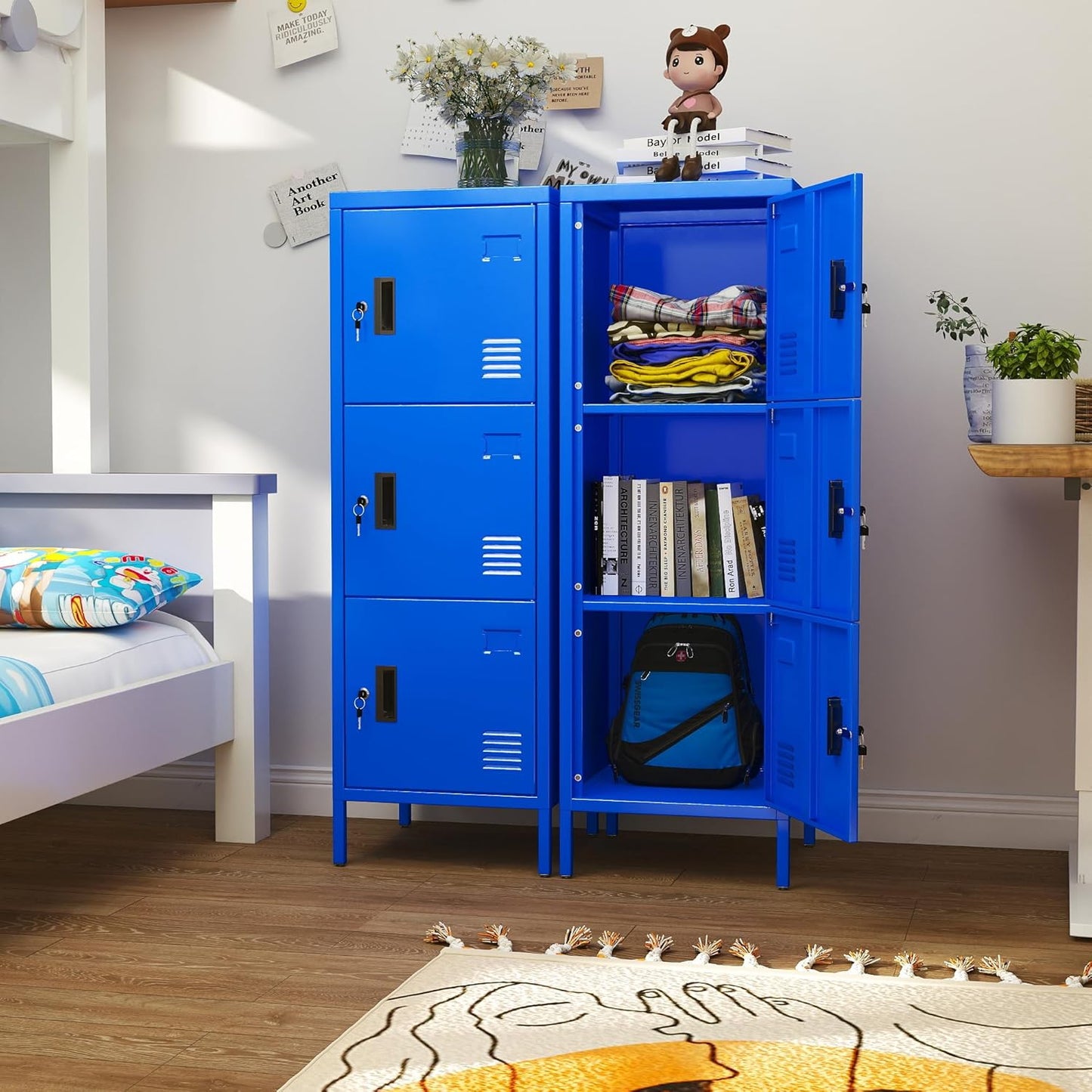 Metal Locker with Ventilation Holes, Metal Storage Cabinet with Lock and Card Slot for Home,School, Office, Garage,47.3" H x 15.8" W x 15.8" D,Assembly Required,Blue