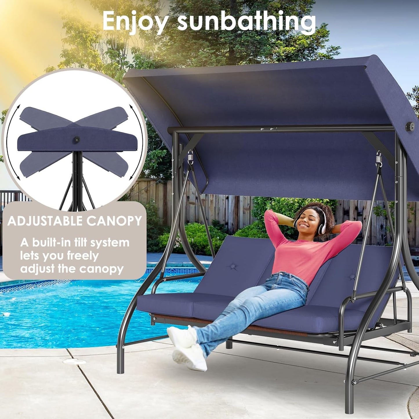 TLSUNNY 3-Seat Outdoor Patio Porch Swing with Adjustable Canopy & Backrest, Convertible Glider Bed with Stand, Removable Seat Cushion, 45° Tilt Adjustment for Backyard, Poolside, Balcony - 750LBS