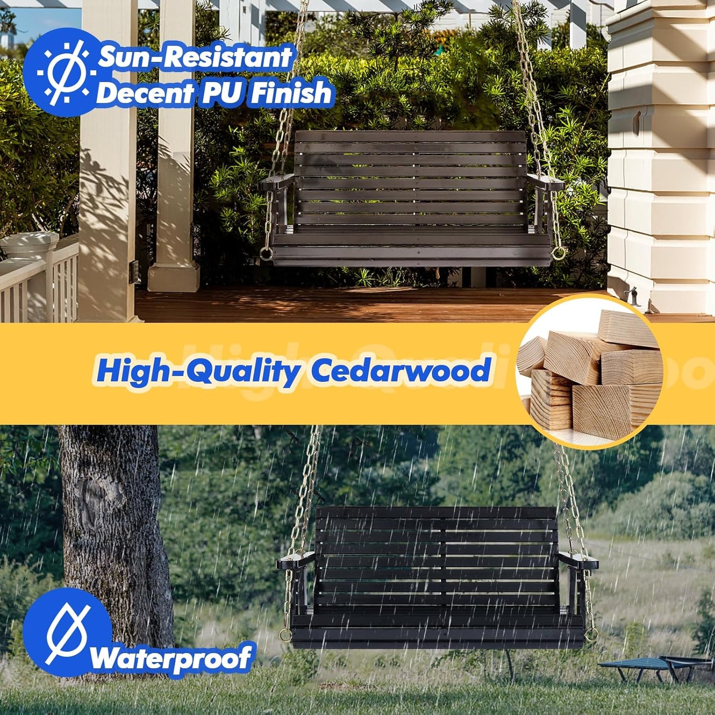 VINGLI Upgraded Patio Wooden Porch Swing for Courtyard & Garden, Heavy Duty 880 LBS Swing Chair Bench with Hanging Chains for Outdoors (Black, 4 FT)