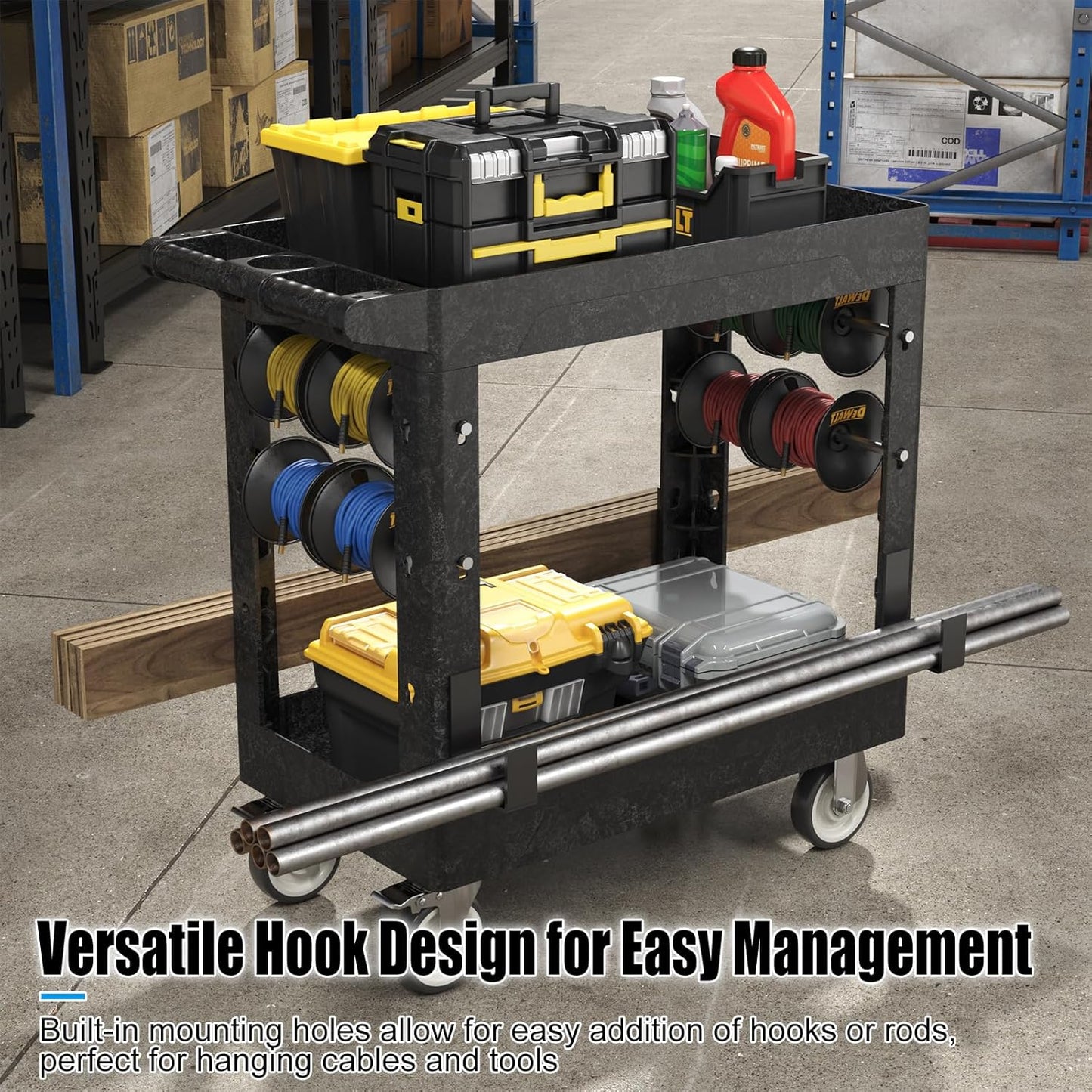 Large Garage Plastic Utility Cart, Heavy Duty 2 Shelf Tool Cart Service Cart Rolling Push Carts with Ergonomic Handle 5" Swivel Casters.