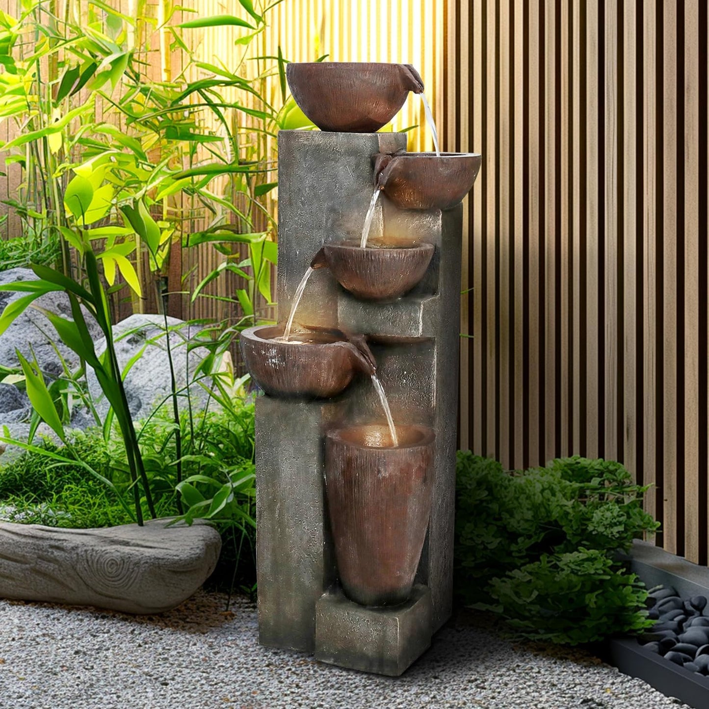 40”H Outdoor Garden Fountain Clearance with LED Lights –5-Tier Indoor Modern Floor-Standing Waterfall Fountains for Garden, Office, Deck, Patio, Porch, Yard and Home Art Décor (grey1)