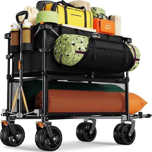 Foldable 50''L Extra Long Double Decker Wagon for Sport, 400L Collapsible Heavy Duty Wagon Cart with Big Wheels, Utility All-Terrain Large Extender Cart for Outdoors