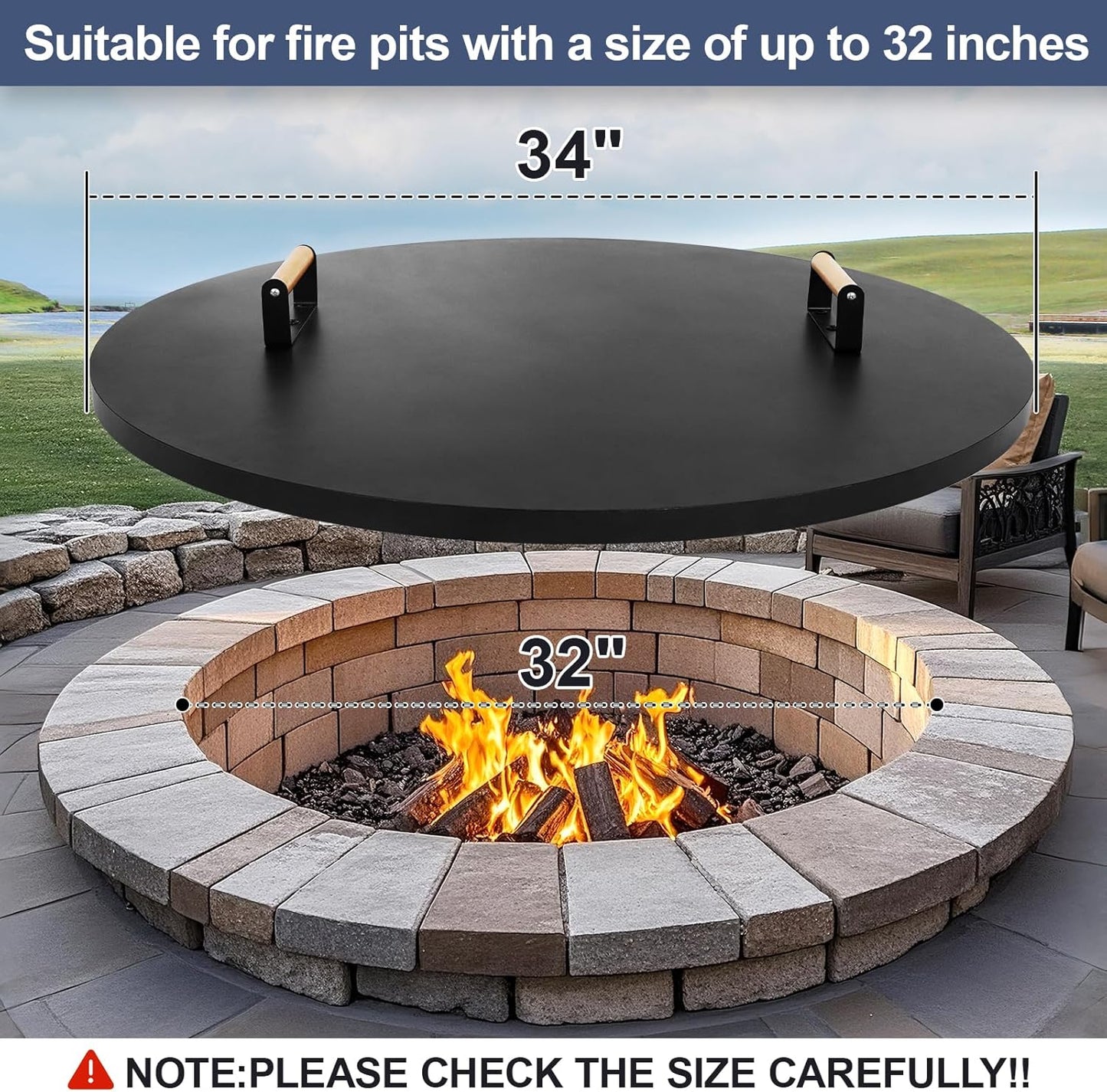 1MORE Fire Pit Lid Round 34" - Metal Firepits Cover with Wooden Handles for Patio Firepits,Rust Resistant 1.5mm Fire Pits Metal Lid, Firepits Accessory, Fire Pits Cover Round, All-season Protective