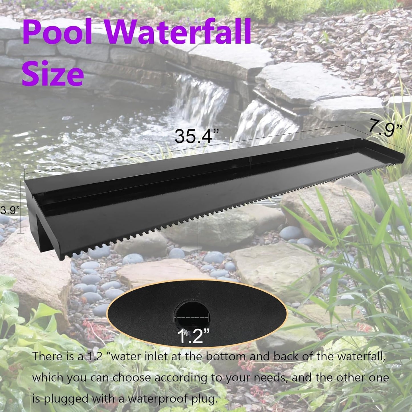 Pond Waterfall Spillway Pool Fountain Water Feature, Black Stainless Steel Outdoor Fountains, Swimming Pool Water Flow Waterfalls Kit for Garden Patio Ponds-35.4"x7.8"x3.9"(NO Light)