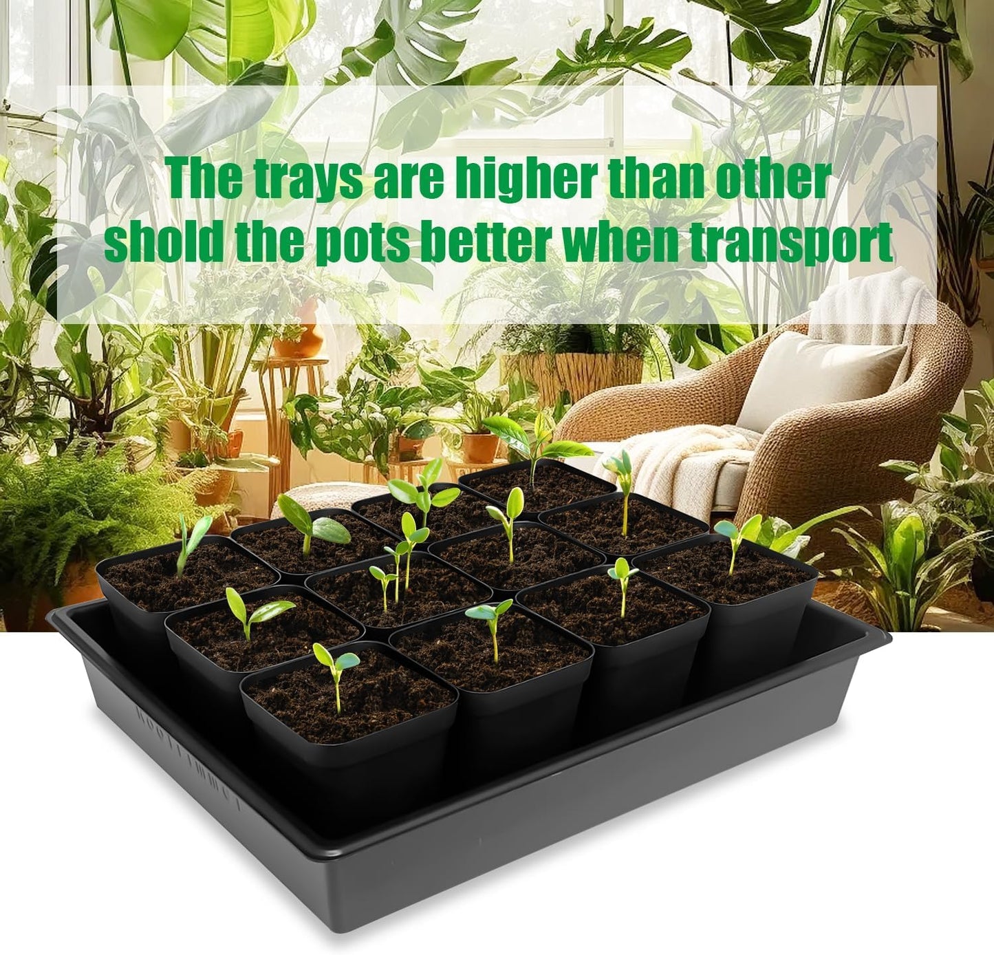 3.5 inch (9CM) Square Nursery Pots 60pcs, Sturdy Seedlings Trays 5 Pcs, Seeds Starter Germination Tray, Microgreenings Planter Nursery Propagation 5 Sets
