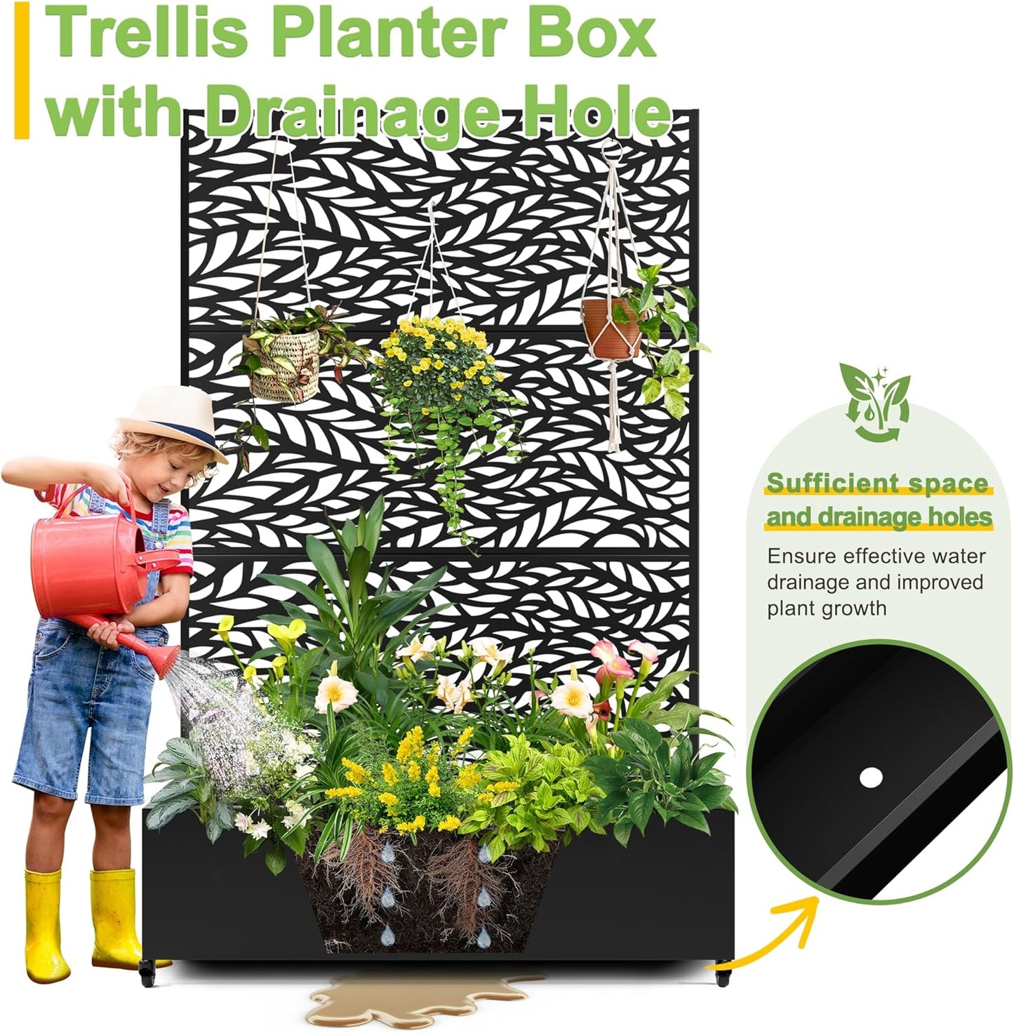 FENCY Metal Raised Garden Bed with Wheels and Trellis,73"x47"x16" Planter Box for Climbing Plants, Vegetables & Vines, Features Privacy Screen and Drainage Holes (Black-Leaf)