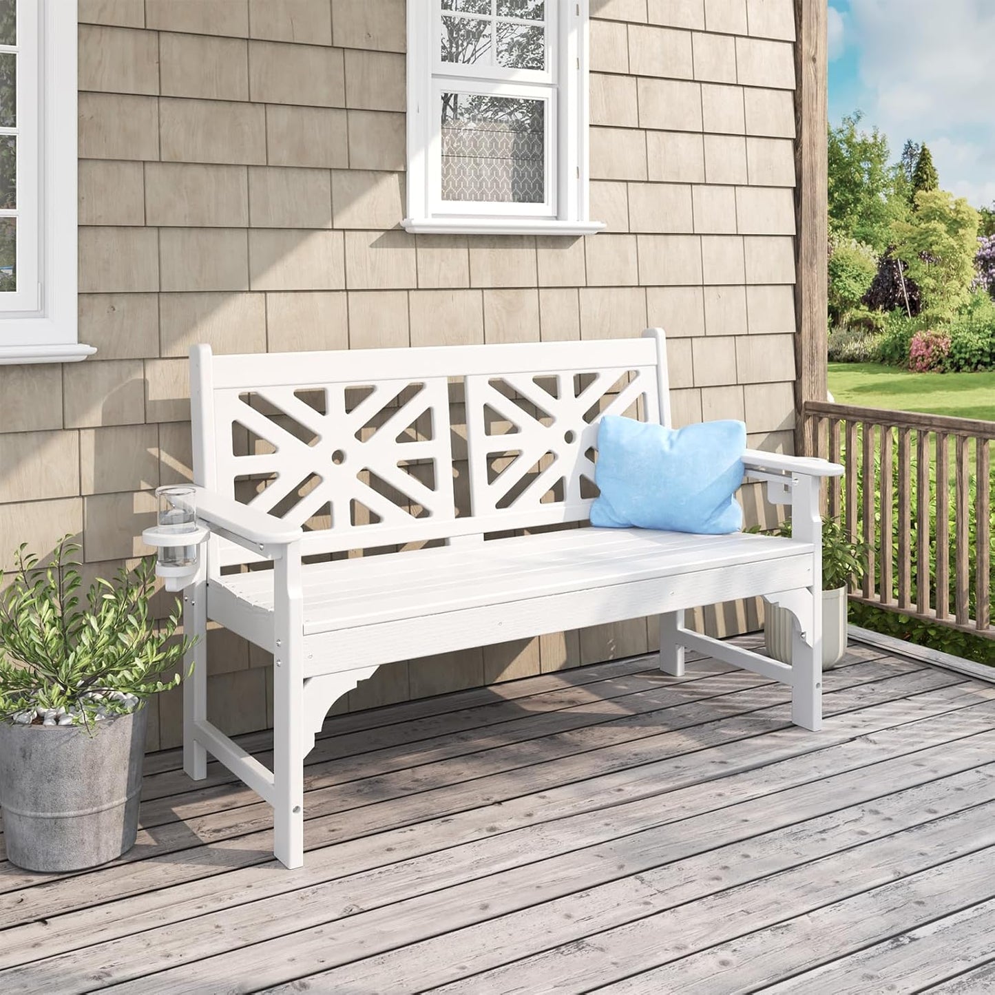 Oversized Outdoor Bench with Cup Holders, 51.5” HDPE Aesthetic Garden Bench for 2 Person, Memorial Benches - Easy Assembly & All Weather, for Porch & Patio, 800lbs Load Capacity (White, 1pc)