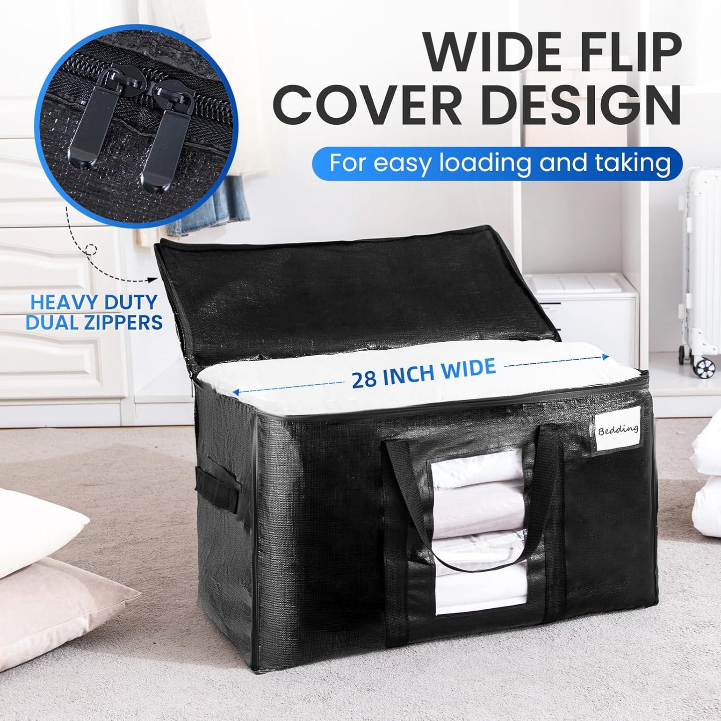 TAILI Extra Large Moving Bags, 2 Pack Black Heavy Duty Totes For Storage with Visible Window, Wrap Around Handles, Storage Bags for Space Saving, Alternative to Moving Boxes