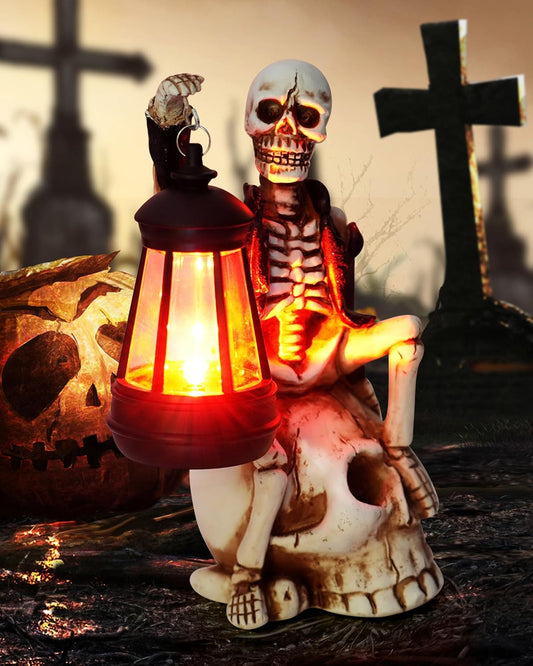 2025 Solar Halloween Decorations Outdoor,Skeleton Figurine Halloween Table Decoration for Outdoor,Skull Statue with Red LED Lantern,Skull Decor for Patio Lawn Yard Balcony Garden Home