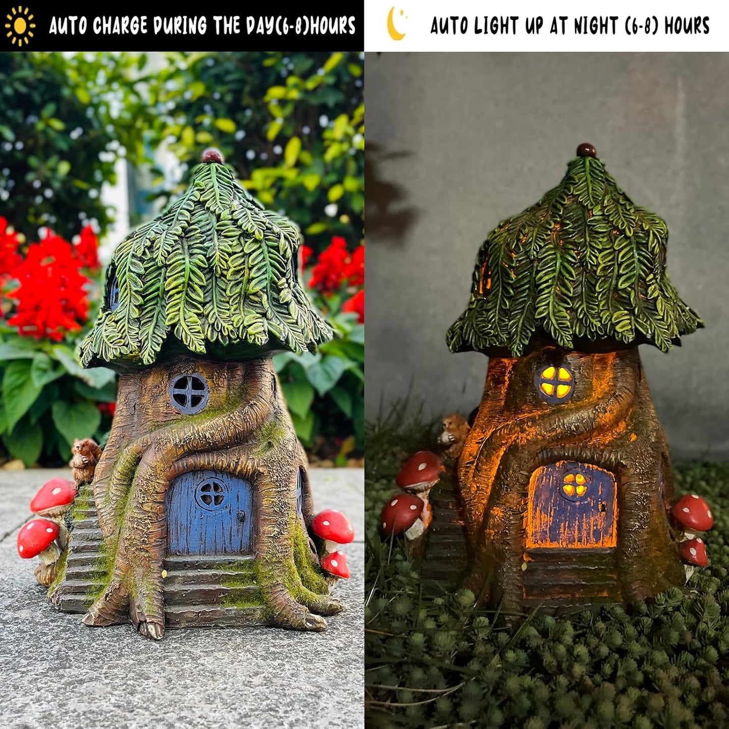 COWOS Solar Light Fairy Tree House, Fairy Garden House Statues,Tree House Figurines with Solar Light for Indoor Outdoor Art Decorations, Patio Yard Lawn Ornaments Gift